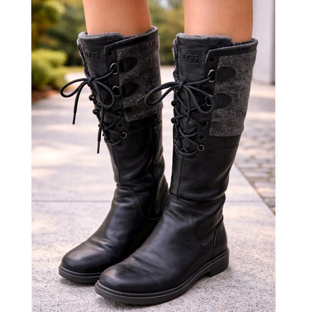 UGG Women’s Size 7 Black & Gray Lace-Up Knee High Boots | Leather Wool Winter